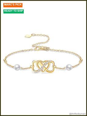 14k Solid Gold Dainty Bracelet Infinity Heart Freshwater Pearl Adjustable Gift